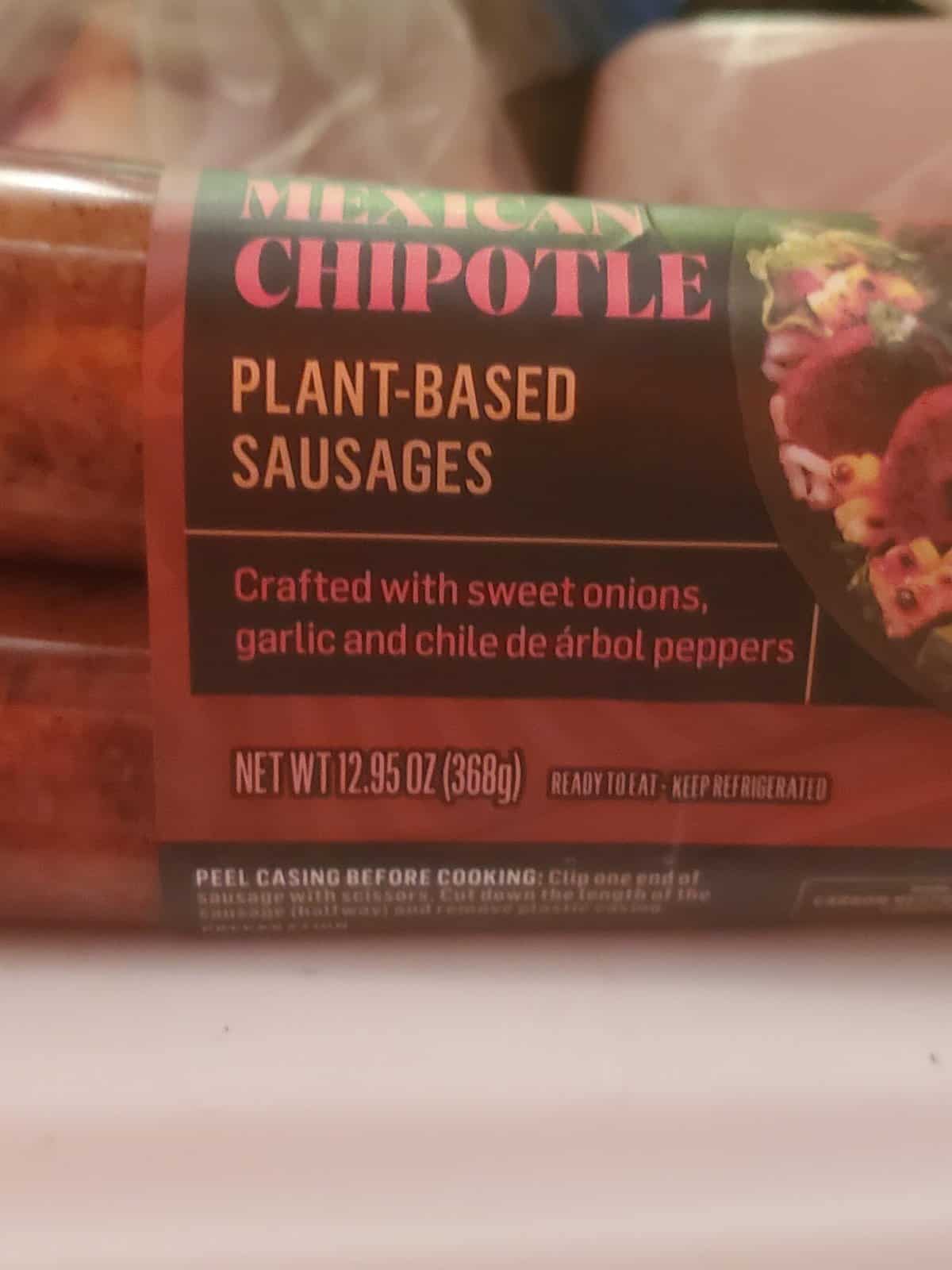 picture of a plant-base i sausages I bought from store